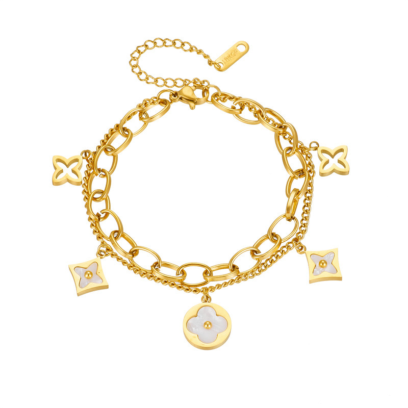 四叶花贝母双层链钛钢手链